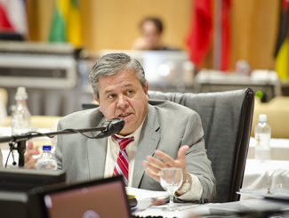 Jesse Hart | Argonaut Tom Luna, Idaho Superintendent of Public Instruction, speaks at the State Board of Education meeting Thursday in the Student Union Building ballroom.